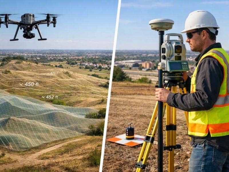Drone mapping compared with traditional land surveying using a total station for boundary surveys, site planning, and construction projects