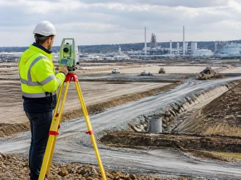 Commercial property surveyor performing industrial site surveying for a manufacturing project in Grand Prairie Texas
