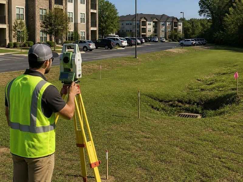 Land survey company mapping an existing multifamily property for additional units in Grand Prairie Texas
