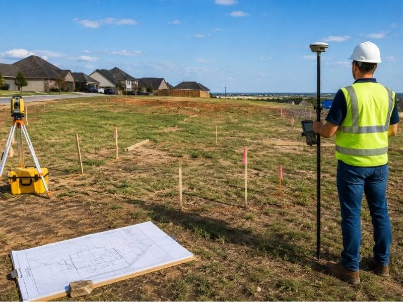 Professional land surveyor performing a topographic survey on a residential lot before construction, using GNSS GPS equipment to measure elevations for grading, drainage, and foundation planning