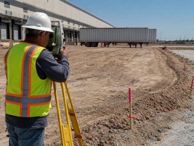 Construction surveying crew staking a truck yard pavement layout in Grand Prairie Texas