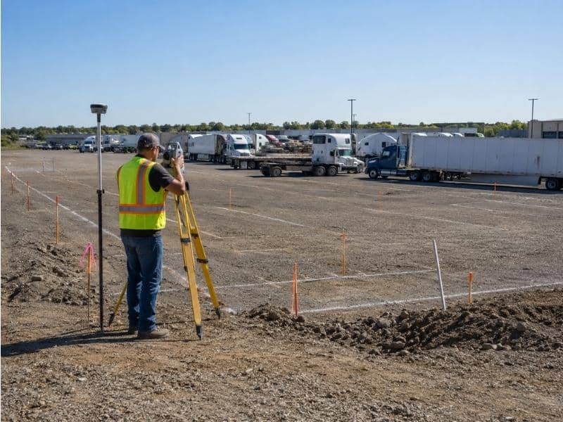 Property Surveyor layout work for a commercial truck parking and outdoor storage site in Grand Prairie Texas
