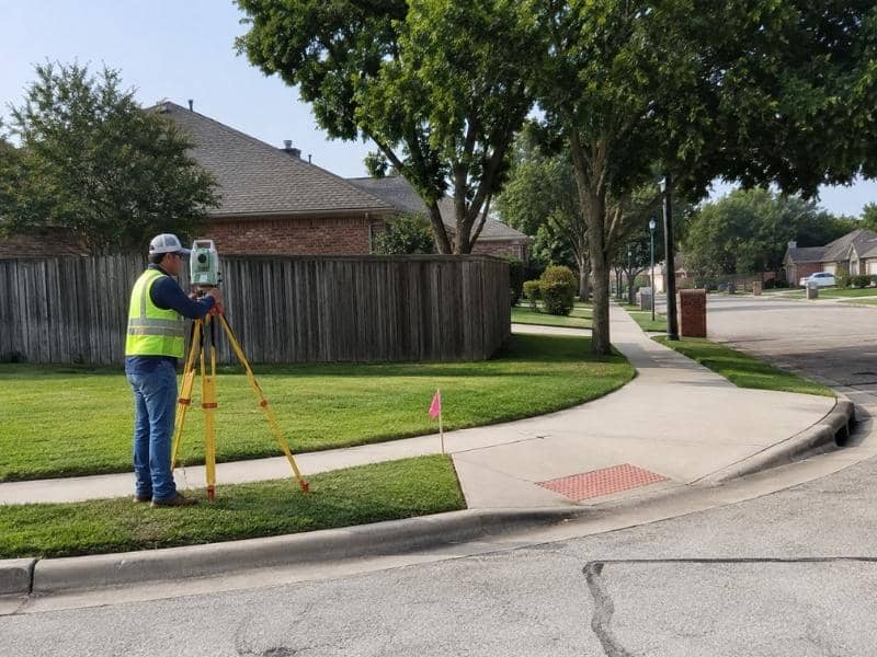Right-of-Way Surveying on a corner lot beside two street frontages in Grand Prairie, Texas