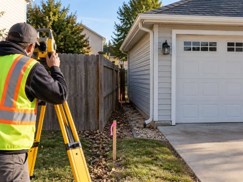 Land surveyor checking a garage near a property boundary in Grand Prairie Texas