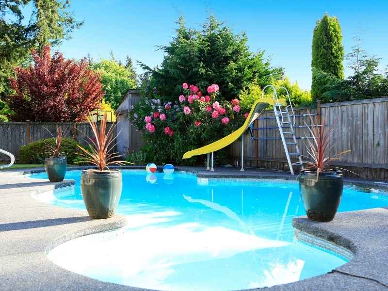 House survey showing a backyard pool, fence, and existing outdoor features in Grand Prairie, Texas.