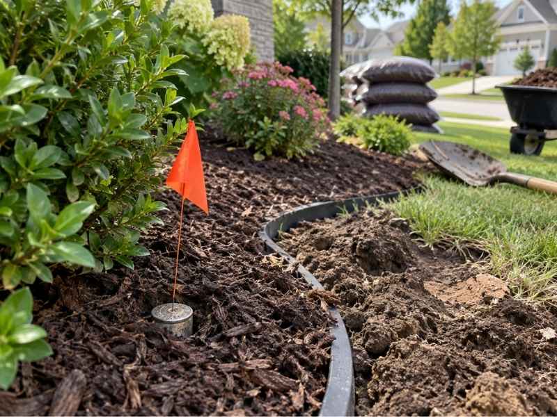 Property line marker beside fresh landscaping in Grand Prairie Texas.